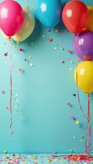 Colorful birthday party decorations with balloons and streamers, celebration, candles, party decorations