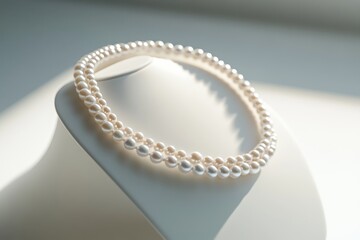 Pearl necklace on display, bright studio setting