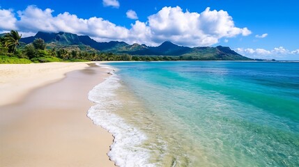 Obraz premium Beautiful Beach Scene with Clear Blue Water and Lush Green Mountains : Generative AI