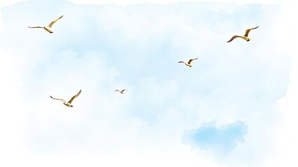Obraz premium Serene Sky Watercolor Clouds Birds in Flight Nature Background