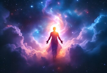 Obraz premium Figure Ascending Through Cosmic Clouds, Ethereal and Spiritual Journey Concept