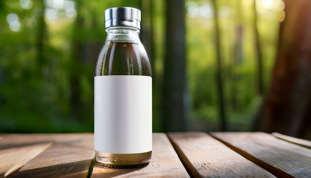Mockup de botella de vidrio personalizable con etiqueta en fondo rústico. AI GEN