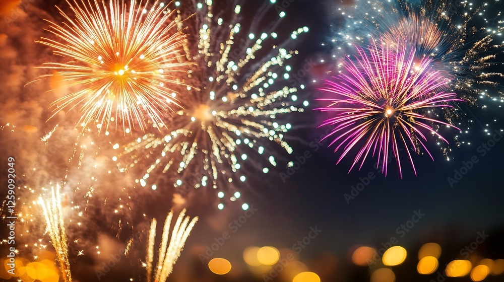 Poster Dynamic and festive fireworks bursting in various colors and shapes creating a magical atmosphere at nighttime celebrations : Generative AI