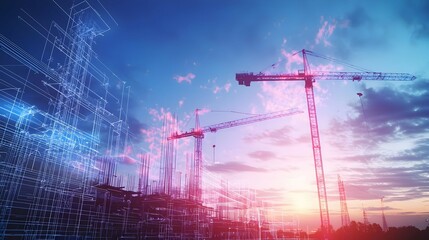 Construction Crane Silhouette at Sunset Over Cityscape