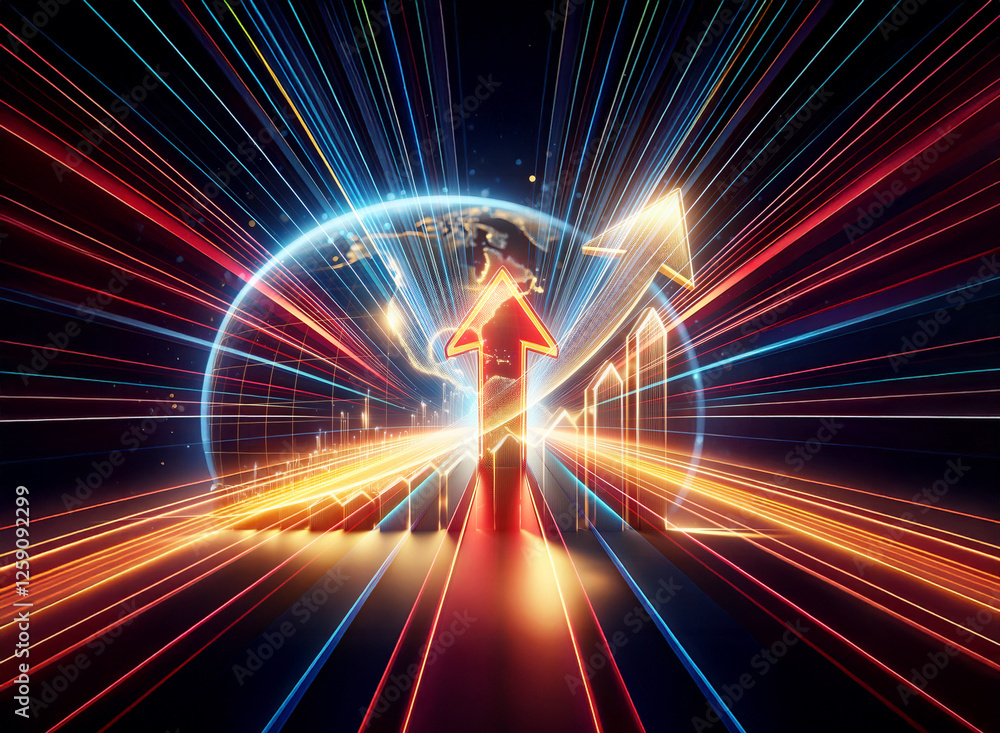 Poster a double exposure image visualizes global progress with an upward arrow and bar charts, overlaid wit