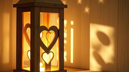 Romantic Wooden Lantern with Heart Cutouts Warm Light Shadow