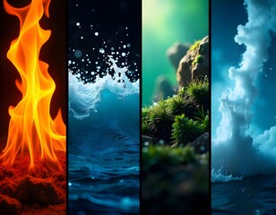 Four Elements Collage Fire Water Earth Air Nature's Balance Concept