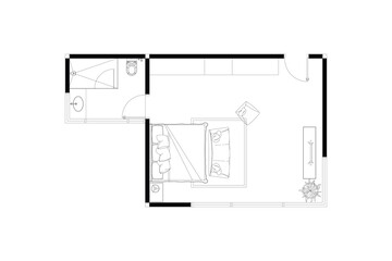 2 dimension of layout furniture of bedroom with bathroom interior design plan of top view, black lines on white background, isolated. Set 33