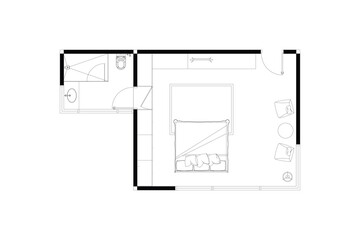 2 dimension of layout furniture of bedroom with bathroom interior design plan of top view, black lines on white background, isolated. Set 34