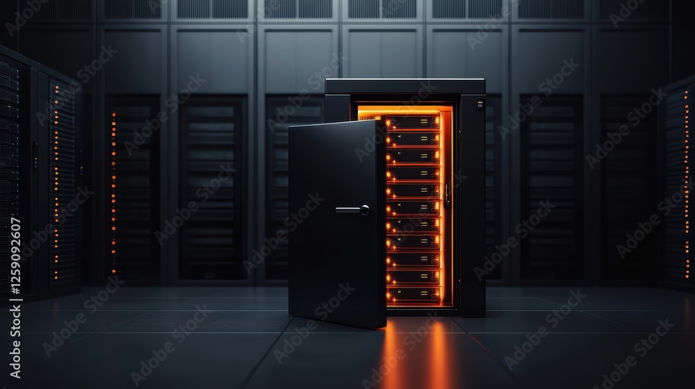 Aufkleber illuminated server rack in modern data center with open door