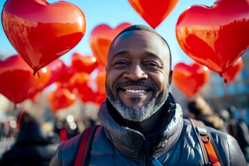Valentine's day greeting from man or for man: breathtaking dazzling, image of loving black midlife man. Love confession. Commercial ad idea. Romantic lifestyle. Charming man. Stylish couple.