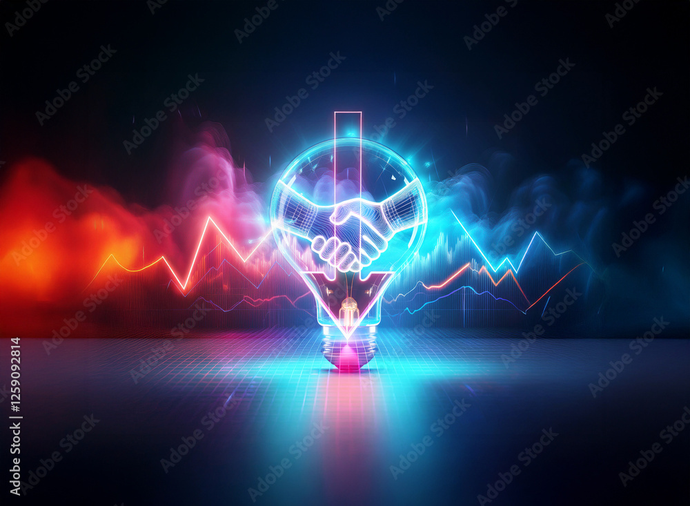 Poster a double exposure image features a neon lightbulb with a handshake inside, illuminated by bright red