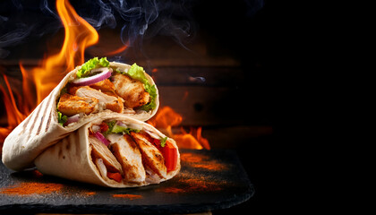 Delicious spicy chicken shawarma with fiery flames and copy space 