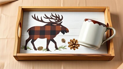 Rustic Wooden Tray with Plaid Moose Coffee Mug Cozy Autumn Decor