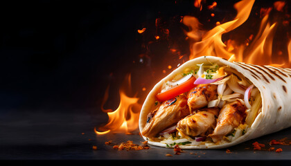 Delicious spicy chicken shawarma with fiery flames and copy space 