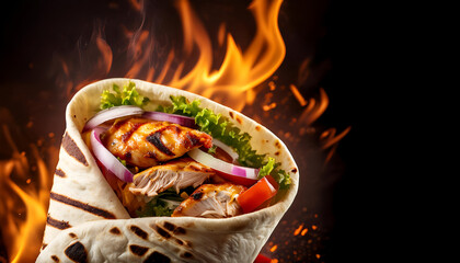 Delicious spicy chicken shawarma with fiery flames and copy space 