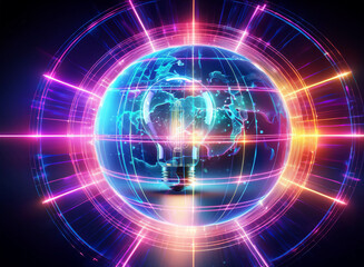 Obraz premium A vibrant, glowing orb with double exposure effect, radiating neon light beams in pink and orange hues, against a dark background. Circular and spherical shapes dominate.