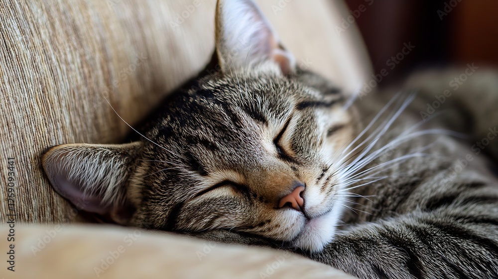 Aufkleber peaceful tabby cat napping comfortably on a soft couch fluffy background : generative ai