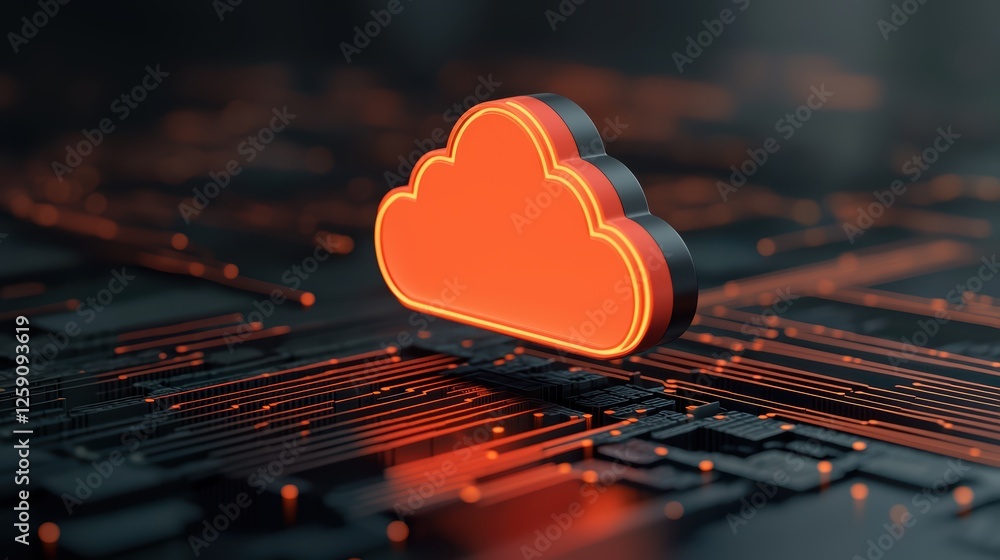 Poster glowing orange cloud on circuit board symbolizing cloud computing and technology innovation