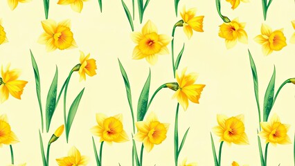 Spring Daffodils Floral Pattern Yellow Flowers Nature Background Botanical Illustration Seamless