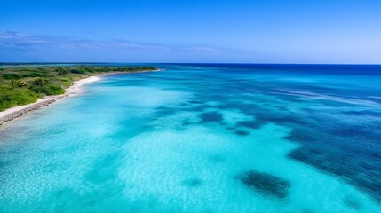 Fototapeta premium Aerial View of Pristine Tropical Beach with Clear Blue Water and Sandy Shoreline : Generative AI