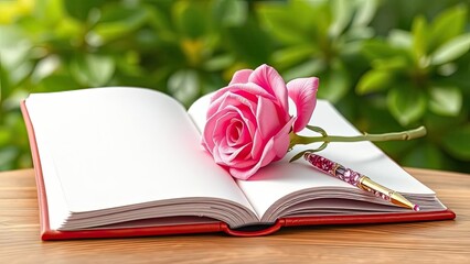 Pink Rose Open Book Pen Romantic Still Life