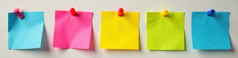 Colorful paper squares with pins attached to a bulletin board , office supplies, paper squares, colors