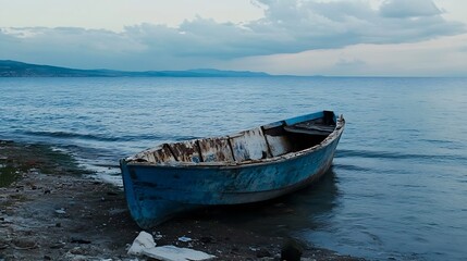Obraz premium Worn Out Blue Wooden Boat on Calm Shore Under Cloudy Sky : Generative AI