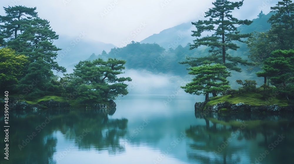 Aufkleber peaceful landscapes with foggy reflections of mountains and tall trees creating a serene atmosphere 