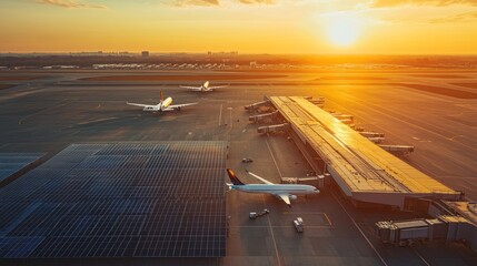 Fototapeta premium Sunset view of airplanes at airport terminal with solar panels.
