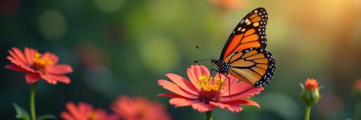 Fototapeta premium Colorful butterfly perched on a flower with delicate petals, insect, flowers, colors
