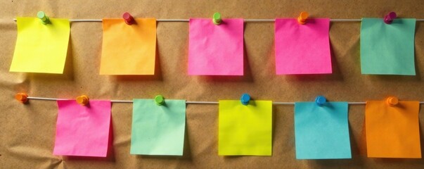 Colorful Post-it notes stuck to a bulletin board with push pins , bulletin board, office accessories, workspace decor