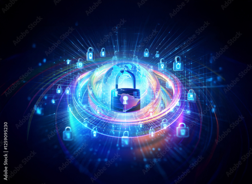 Poster glowing padlock in double exposure with digital lines and smaller padlocks around, symbolizing secur