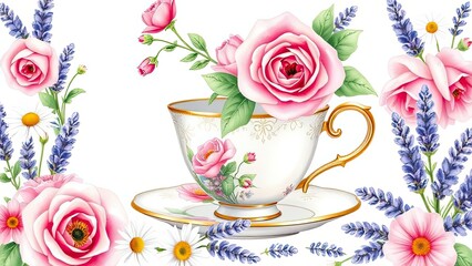Fototapeta premium Teacup Roses Lavender Flowers Floral Design Tea Party