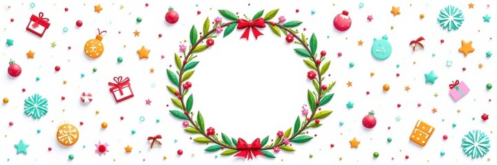 Colorful doodle-style holiday icons on a white background forming a wreath shape , ornaments, white background