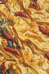 Obraz premium Red peppers and yellow flowers scattered on a lustrous, draped golden fabric.