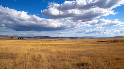 Fototapeta premium Expansive Golden Field Under Bright Blue Sky with Fluffy Clouds on a Sunny Day : Generative AI