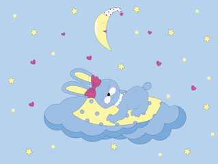 sleeping bunny, bunny on a cloud, starry sky, moon, stars, cute bunny