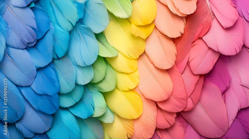 Fototapete colorful rainbow feathers arranged in a vibrant gradient pattern background : generative ai