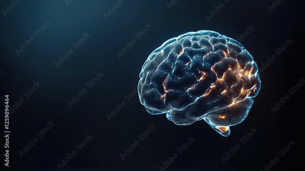 Poster digital brain with glowing neural connections on dark background