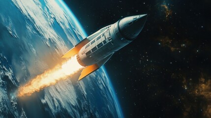 Naklejka premium Rocket launching into space above Earth.