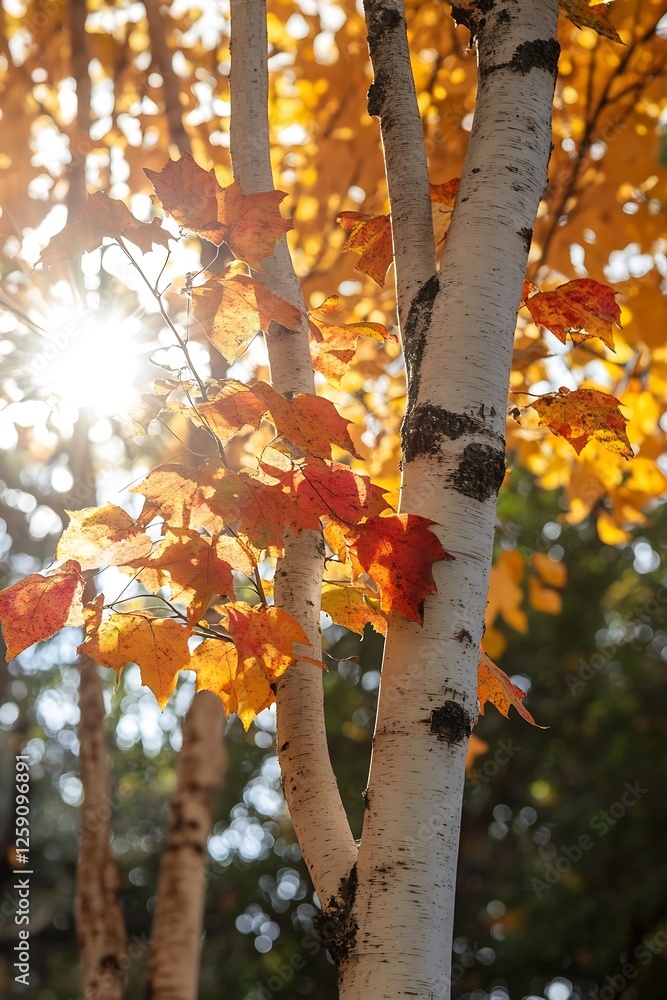 Poster golden autumn leaves on birch trees illuminated by gentle sunlight : generative ai