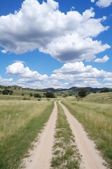 Fototapeta premium Winding Dirt Road through Green Fields with Clouds in a Blue Sky : Generative AI
