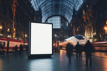 Blank billboard at train station at night with blurred motion of people and train