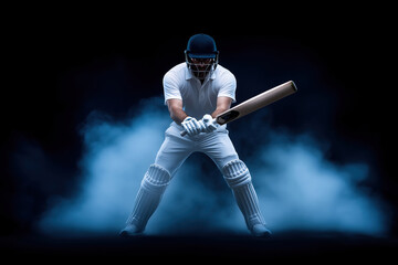 Cricketer poised to bat in a dramatic lighting setup with smoke effects