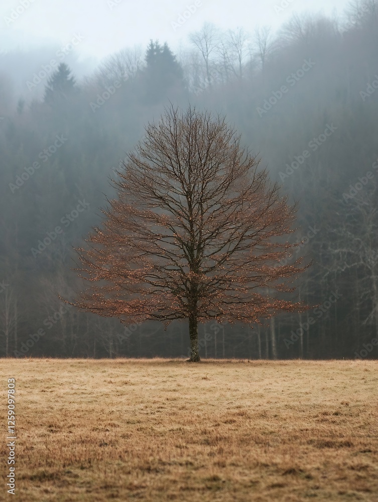 Poster Solitary leafless tree standing in a foggy field surrounded by mist and a dense forest backdrop : Generative AI