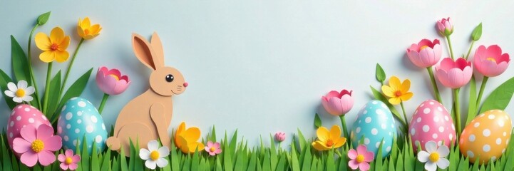 Obraz premium Colorful paper cut rabbit egg card with spring flowers and greenery, surrounded by pastel colors , greeting, flowers