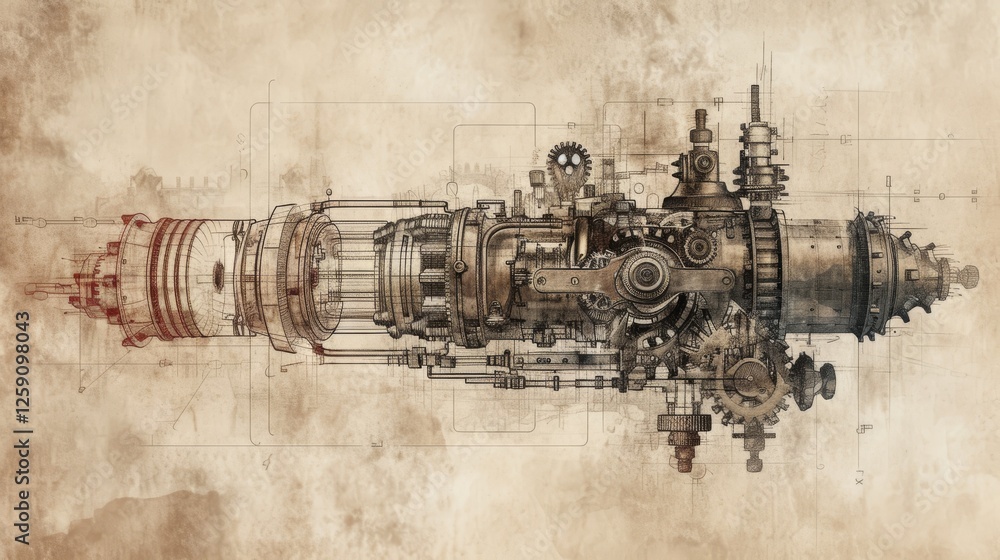 Poster a complex steampunk-inspired mechanical blueprint featuring an array of gears, cogs, and intricate m