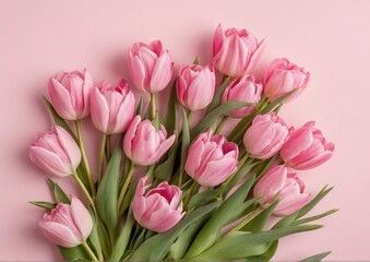 Obraz premium Pink Tulips on Pink Background with Copy Space for Business Design. Perfect for spring-themed business cards, website banners, feminine brand marketing materials.