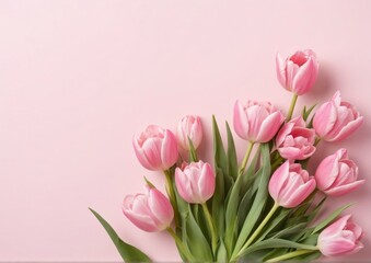 Fototapeta premium Pink Tulips on Pink Background with Copy Space for Business Design. Perfect for spring-themed business cards, website banners, feminine brand marketing materials.